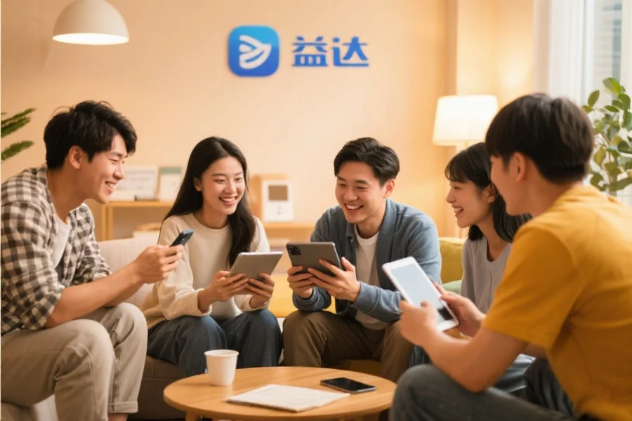 一群年轻用户围坐在一起，使用平板和手机愉快地交流，背景温馨现代，象征万向应用的社区活跃氛围